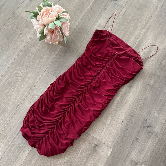 Y2k Vintage B Darlin Maroon Shimmer Ruched Bodycon Strappy Dress - Picture 2 of 4